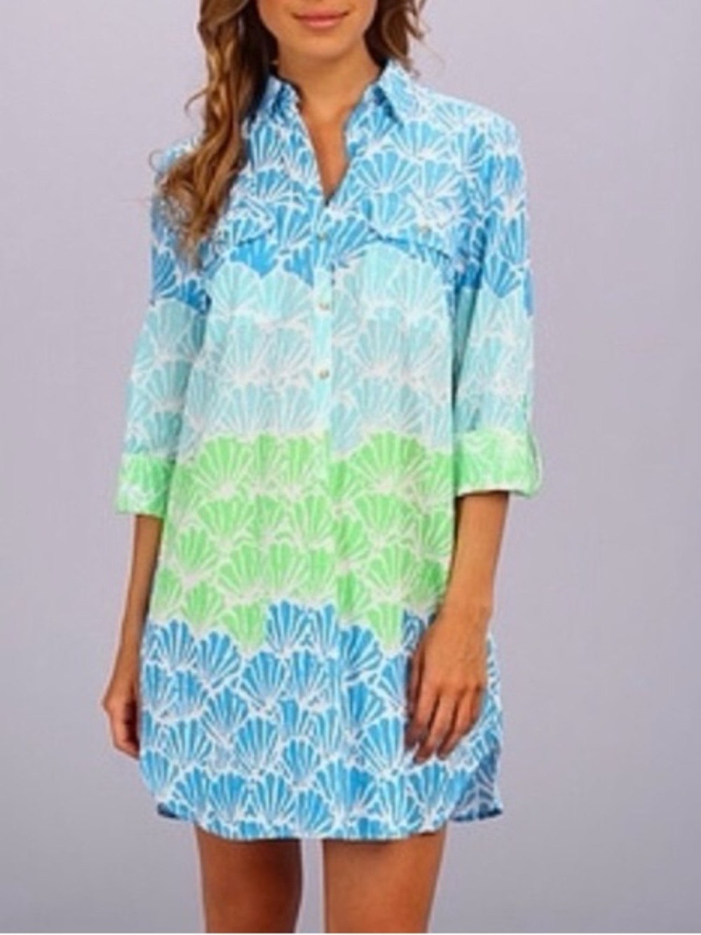Lilly Pulitzer Blue and Green Seashell Captiva Tunic Top Button Up, Size XL